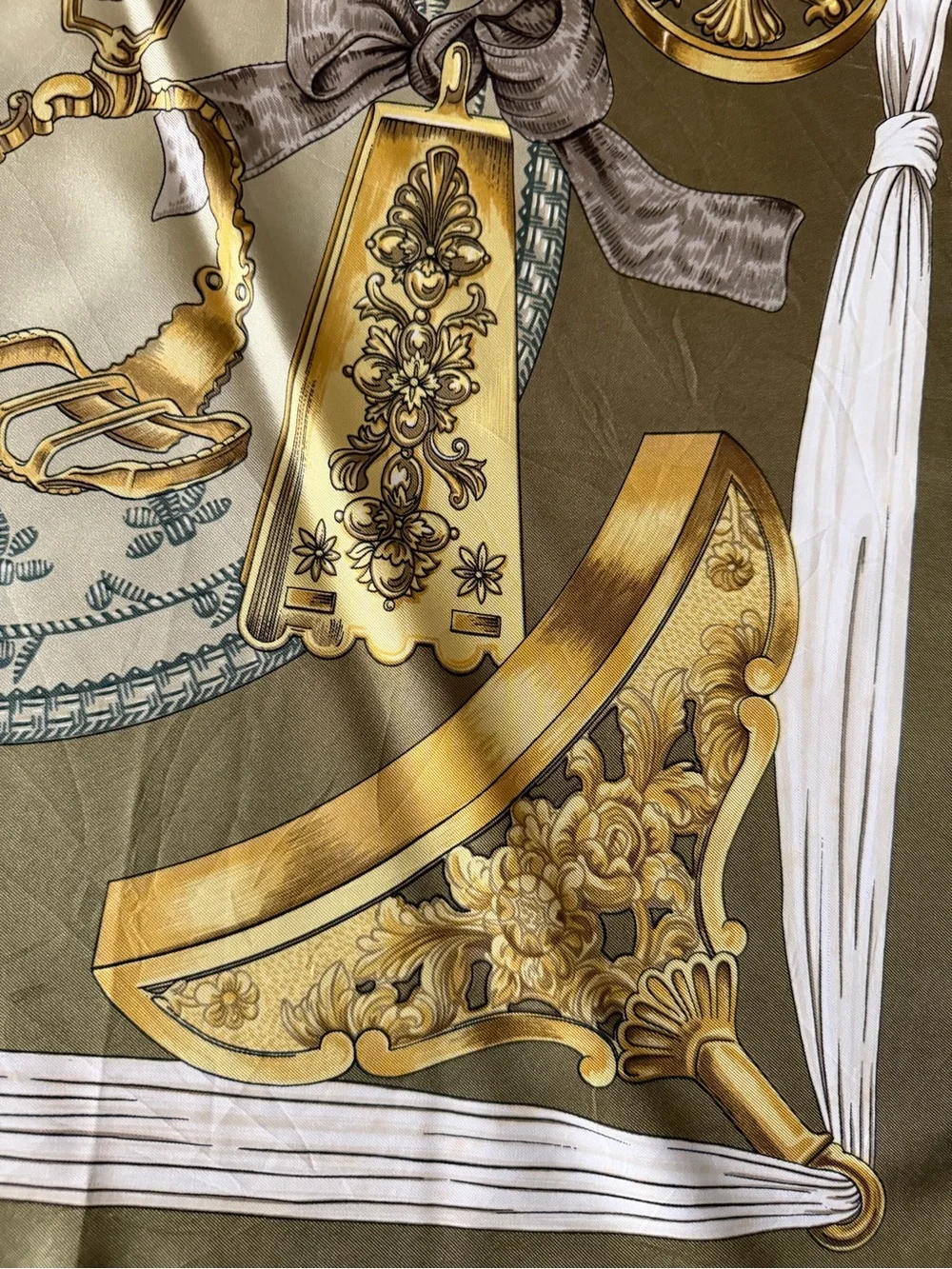 Hermes Etriers Silk Scarf with Gold Equestrian Hardware Print in Olive and Cream - Picture 9 of 16